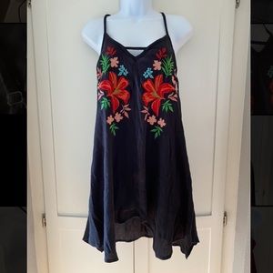 Black crepe dress w/ floral embroidery.  Adjustable straps
